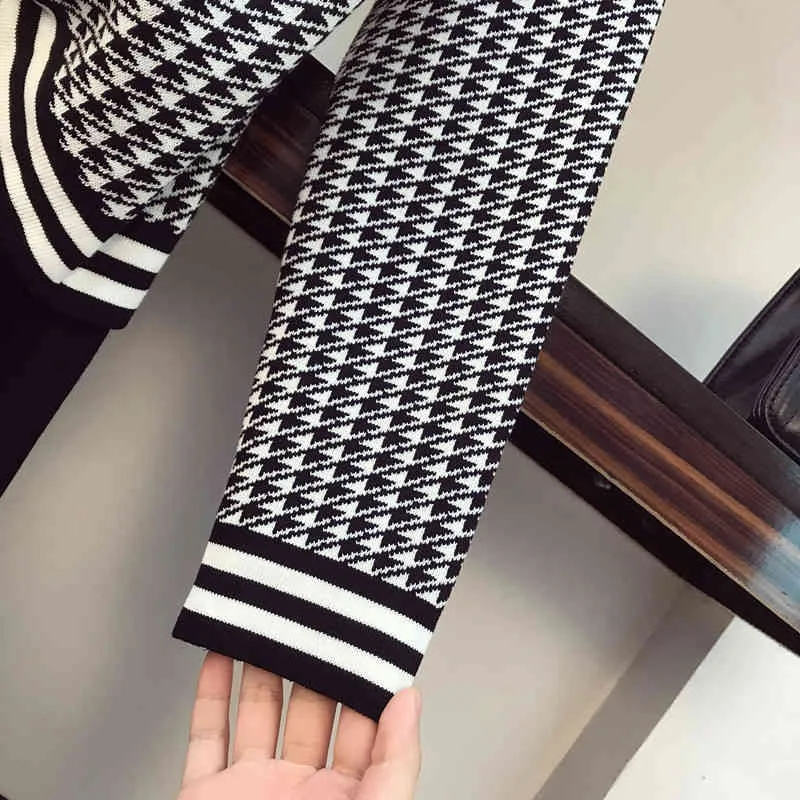 محبوك قطعتين مجموعة النساء houndstooth سترة سترة واسعة الساق السراويل الدعاوى الخريف الشتاء الأزياء 2 رياضية 210514