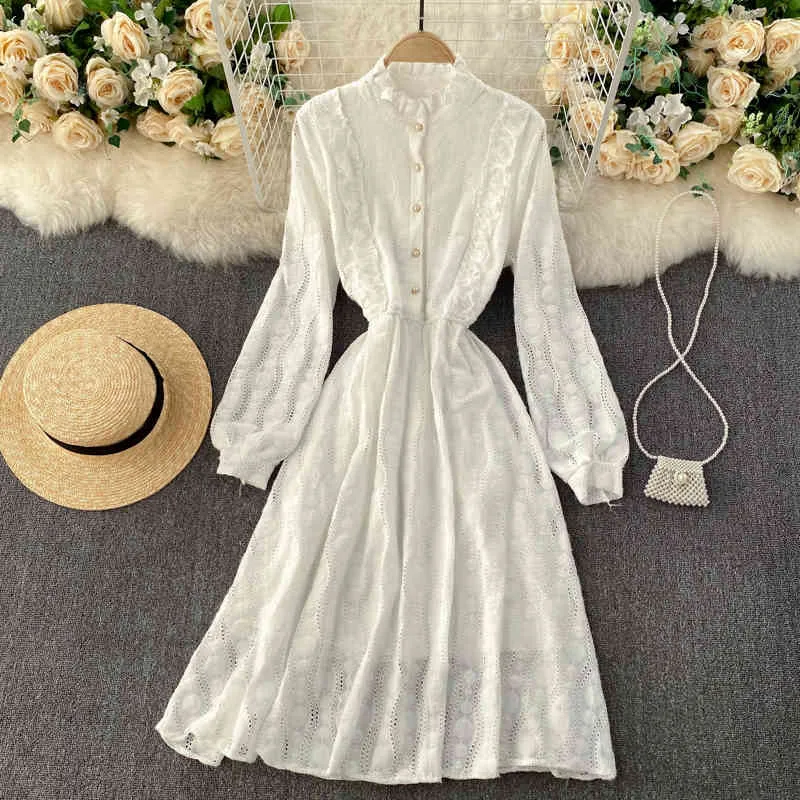 Singreiny Women French Sweet Lace Dress Chic Stand Collar Knapp Långärmad A-Line Klänning Höst Koreansk Fashion Streetwear Dress 210419