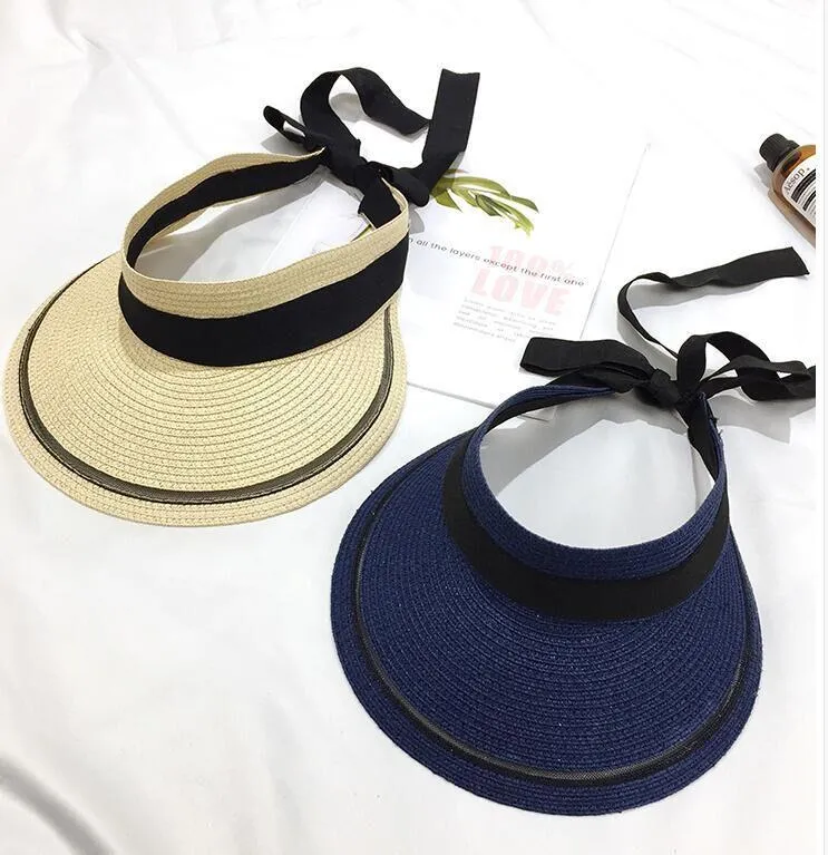 Yaz Kadın Yay Saman Güneş Visor Şapka Lady Boş Üst Şapka Katlanabilir Geniş Brim Plaj At Kuyruğu Sun UV Koruma Kapağı