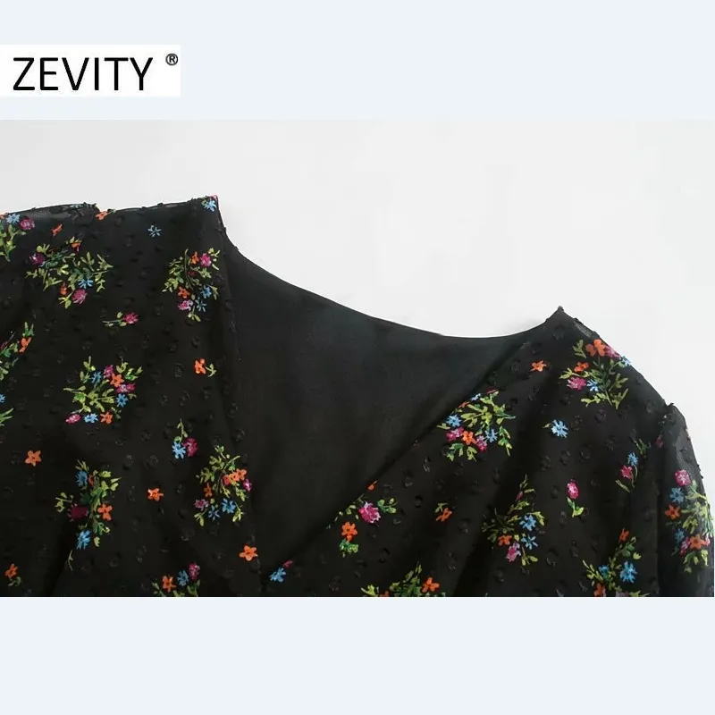 Zevity Herbst Frauen Mode V-ausschnitt Blumendruck Büro Chiffon Midi Kleid Neue Damen Chic Langarm Marke Party Vestido DS4540 210409