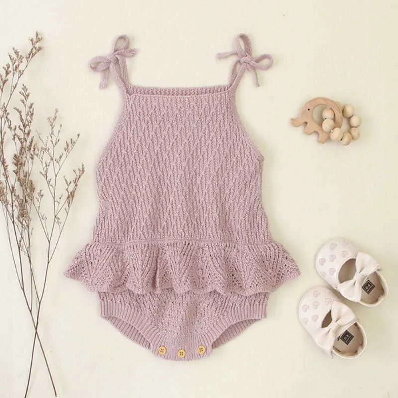 Spring Baby Girls Bodysuit Sling Sweater Soild Colour Ruffles born Clothes Kids Romper E706 210610