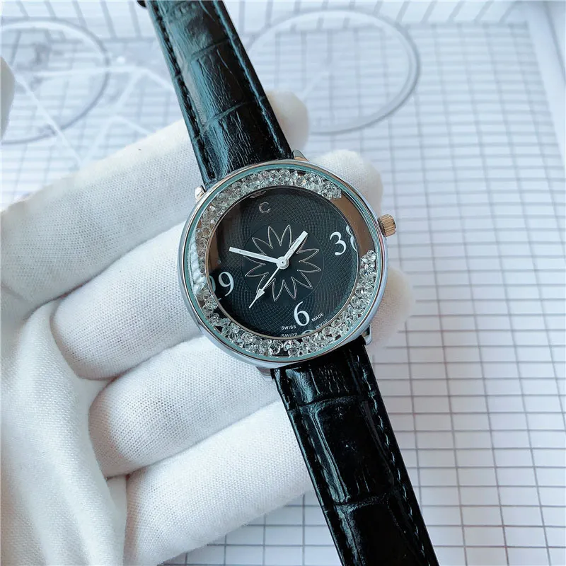 Relógios de marca femininos menina cristal flor estilo pulseira de couro relógio de pulso de quartzo CHA19223r