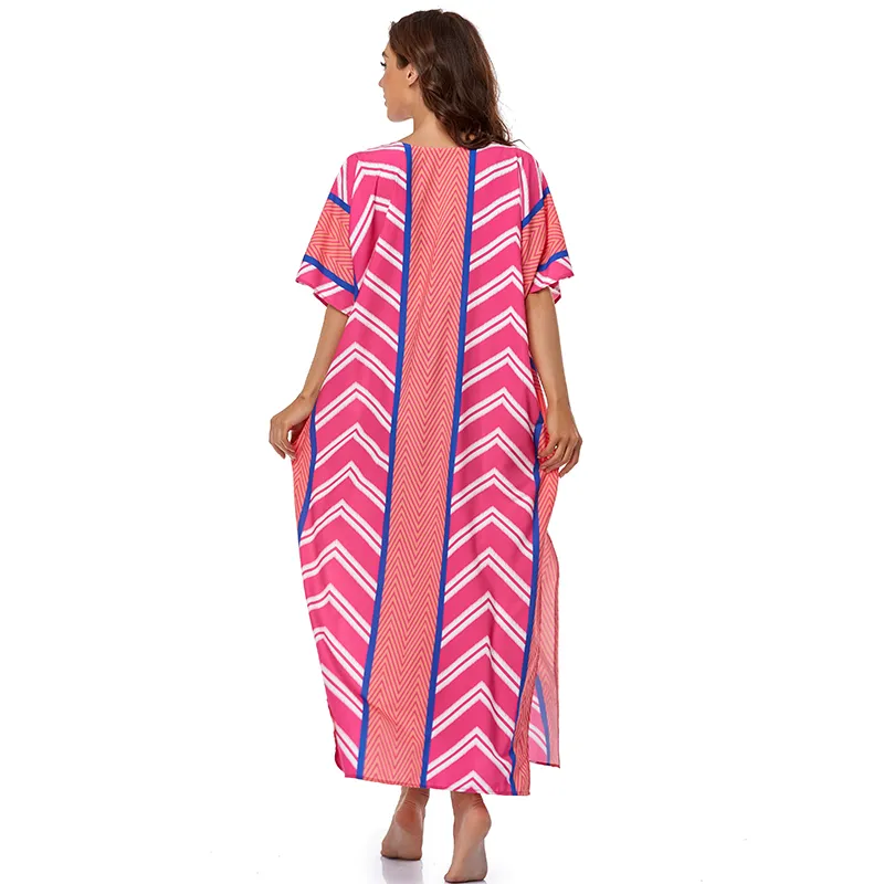 Abito da ragazza dritto con scollo a V sexy a righe Abiti da donna maxi rosa Abiti da spiaggia Taglie forti Coprispalle feste estive da donna Q1247 210420