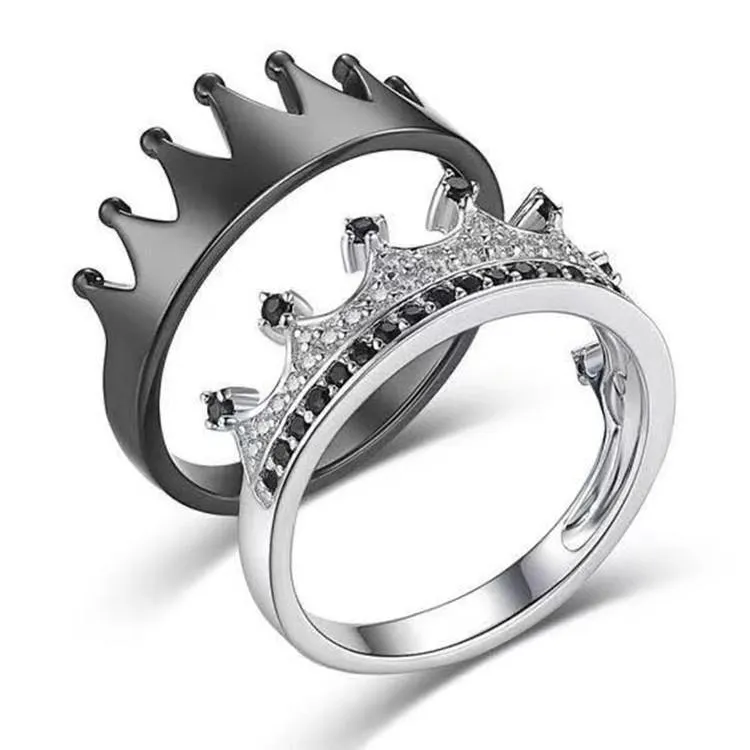 Wedding Rings Crown Couple Men Women's Fashion Black Silver Color Engagement Ring Bridal Jewelry Set Lover's Gifts339t