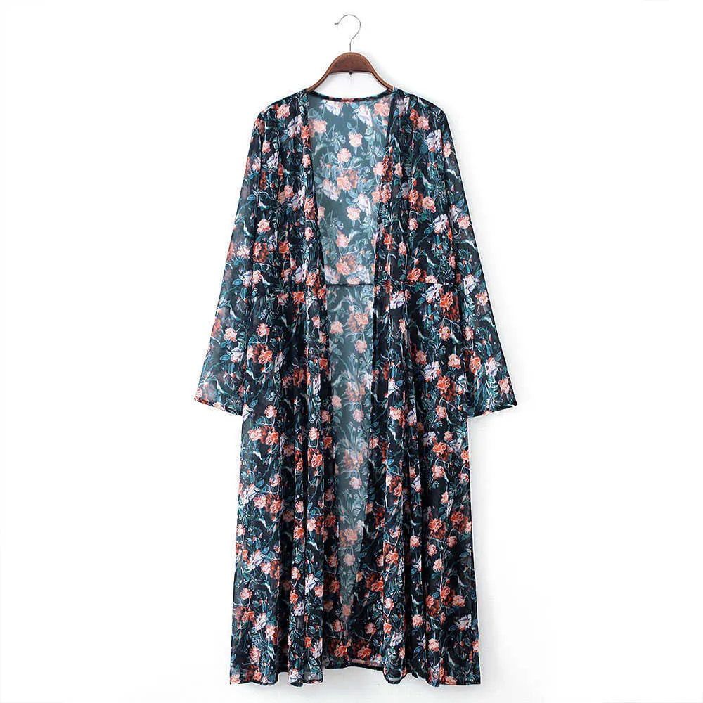 Vintage imprimé floral long Kimono grande taille élégant Street Wear vêtements d'été pour femmes hauts et chemisiers Boho chemises A830 210721