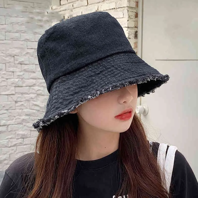 Women Denim Bucket Hats Foldable Fisherman Washed Flat Bucket Hat Outdoor Beach Sunhat Cap 3+M6013# Y220301