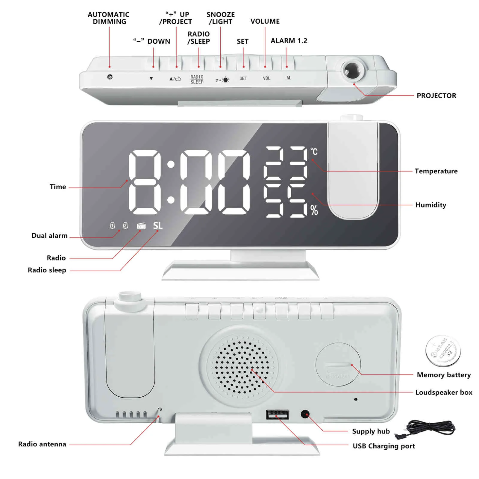 Alarma digital Led Espejo inteligente con radio FM Temperatura Humedad Pantalla Proyección de tiempo Despertador de escritorio Relojes