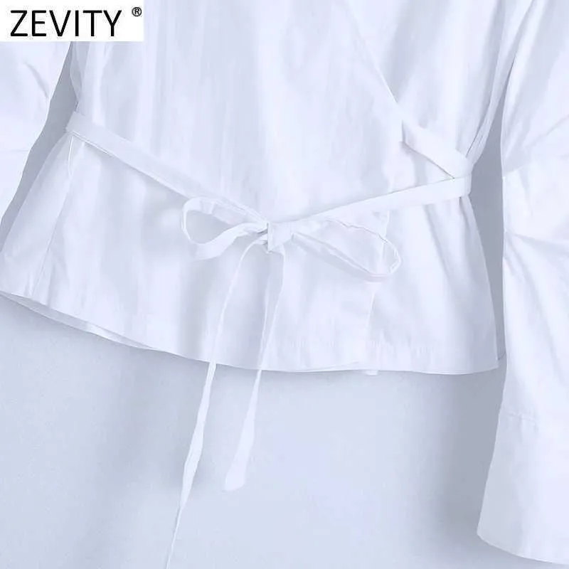 Zevity Femmes Vintage Croix Col En V Noeud Papillon Blanc Smock Blouse Femme À Manches Longues Mince Volants Kimono Chemise Roupas Chic Tops LS9101 210603