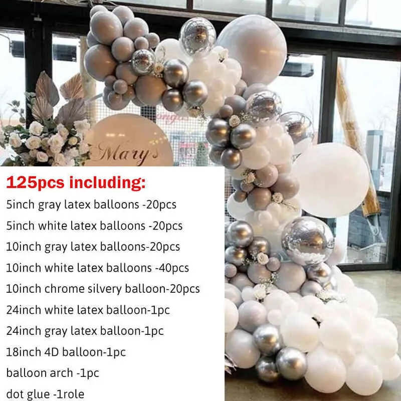 125 sztuk dekoracji ślubnej Balloon Garland Kit Silver White Chrome Globs 4D Ball Baby Shower Background Wall Party Supplies 211216