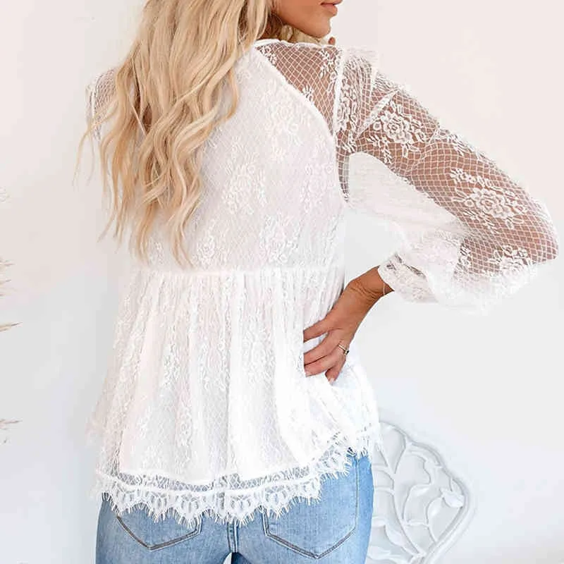 Foridol White Lace Bluzka Koszule Kobiety Jesień Zima V Neck Sheer Rękaw Bluzka Koszula Krawatnia Przednie Top Kobieta 210415