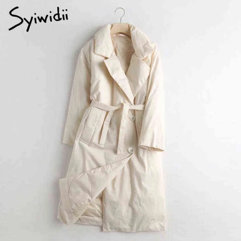 Syiwidii ​​Kvinna Long Parkas Cotton Casual Warm Fall Loose Clothing For Women Jacket Single Breasted Winter Coats With Belt 211215