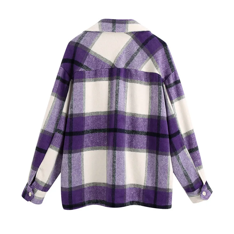 BLSQR Élégant Poches Lâche Plaid Veste Manteau Femmes Casual Revers À Manches Longues Survêtement Violet Mignon Filles Chic Streetwear 210430