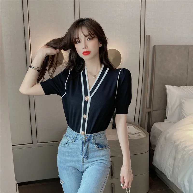 V-neck Knitted Women Cardigan Summer Short Sleeve Single Breasted Sweater Tops Vintage Elegant Korean Color-blocked Jumpe 210513