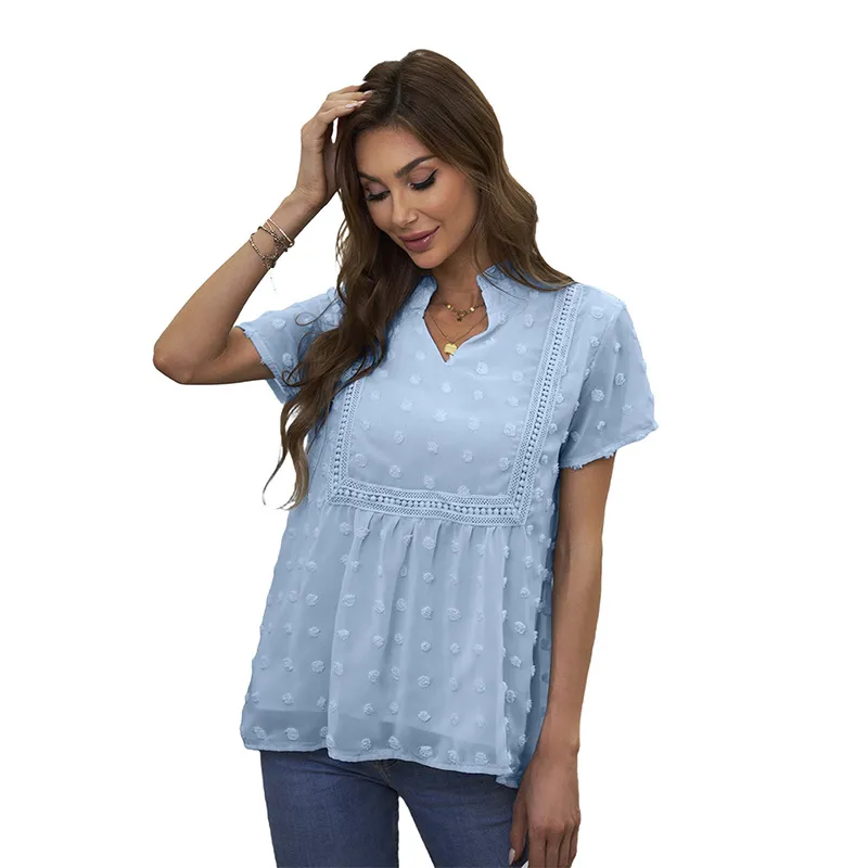 Mousseline de soie Boho pure Blouses femmes été à pois hauts dentelle col en v à manches courtes lâche décontracté mode grande taille blanc gaze chemise