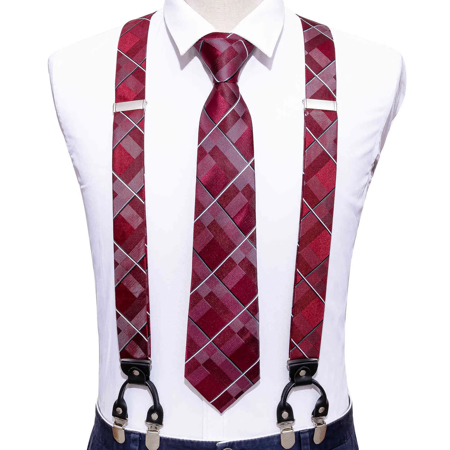BarryWang Red Fashion Neuheit Verstellbare Y-Rückseite Seidenset Krawatte für Männer Party Hochzeit Y-Form 6 Clip Hosenträger BarryWang