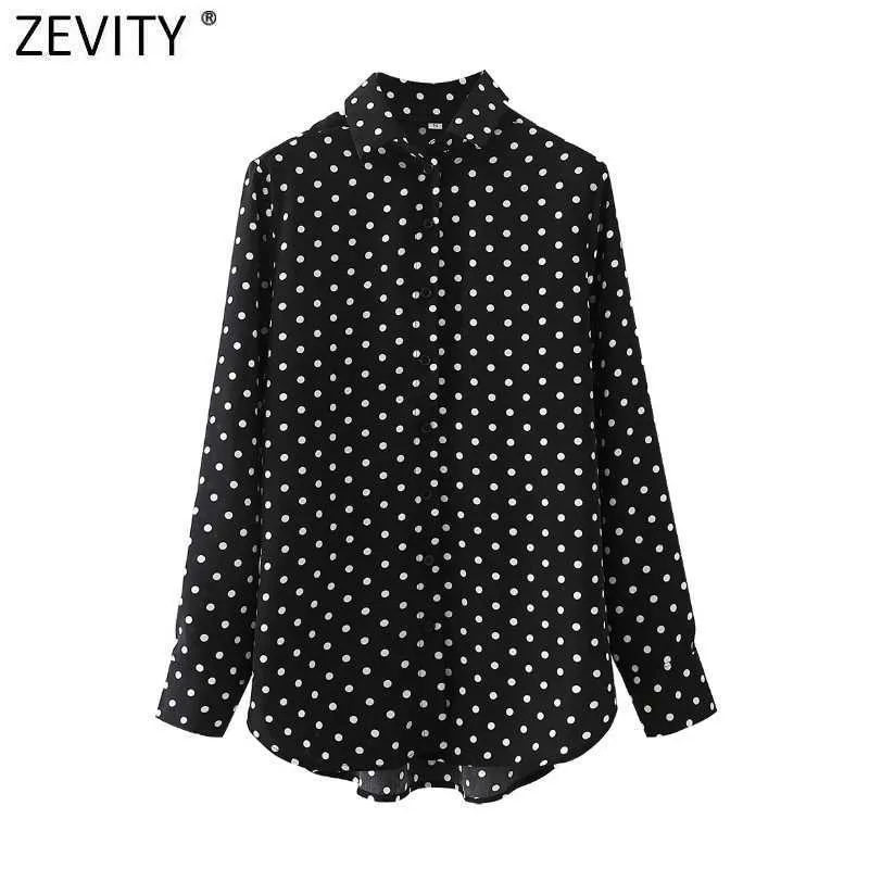 Zevity Women Polka Dots Print Casual Black Smock Blouse Office Lady Single Breasted Chiffon Shirt Chic Blusas Tops LS7613 210603