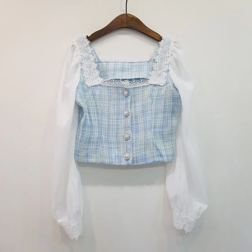 Corea Moda Primavera Temperamento Dolce Chiffon Patchwork Tweed Elegante Colletto Quadrato Top + Mini Gonna A Vita Alta Vestito 210519