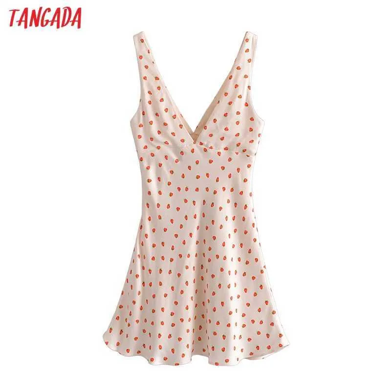 Tangada femmes fruits imprimé robe courte col en V sangle sans manches mode coréenne dame dos nu robes Vestido 3H311 210609