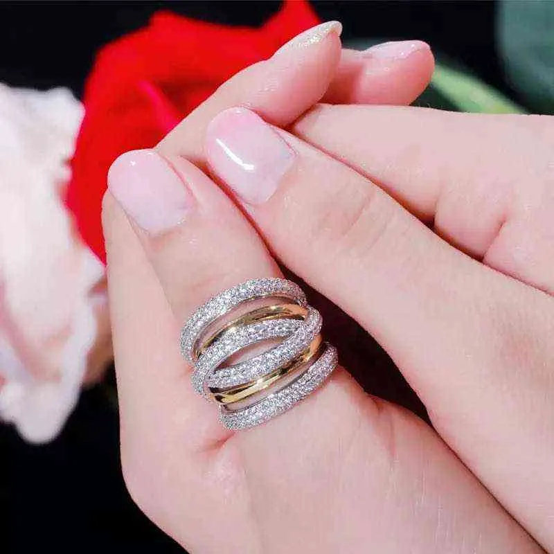 Brud Talk Luxury Women Ring AAA Cubic Zirconia Glänsande Crystal Multi-Layered Design Mode Smycken För Bröllopsfest Dating Present 211217