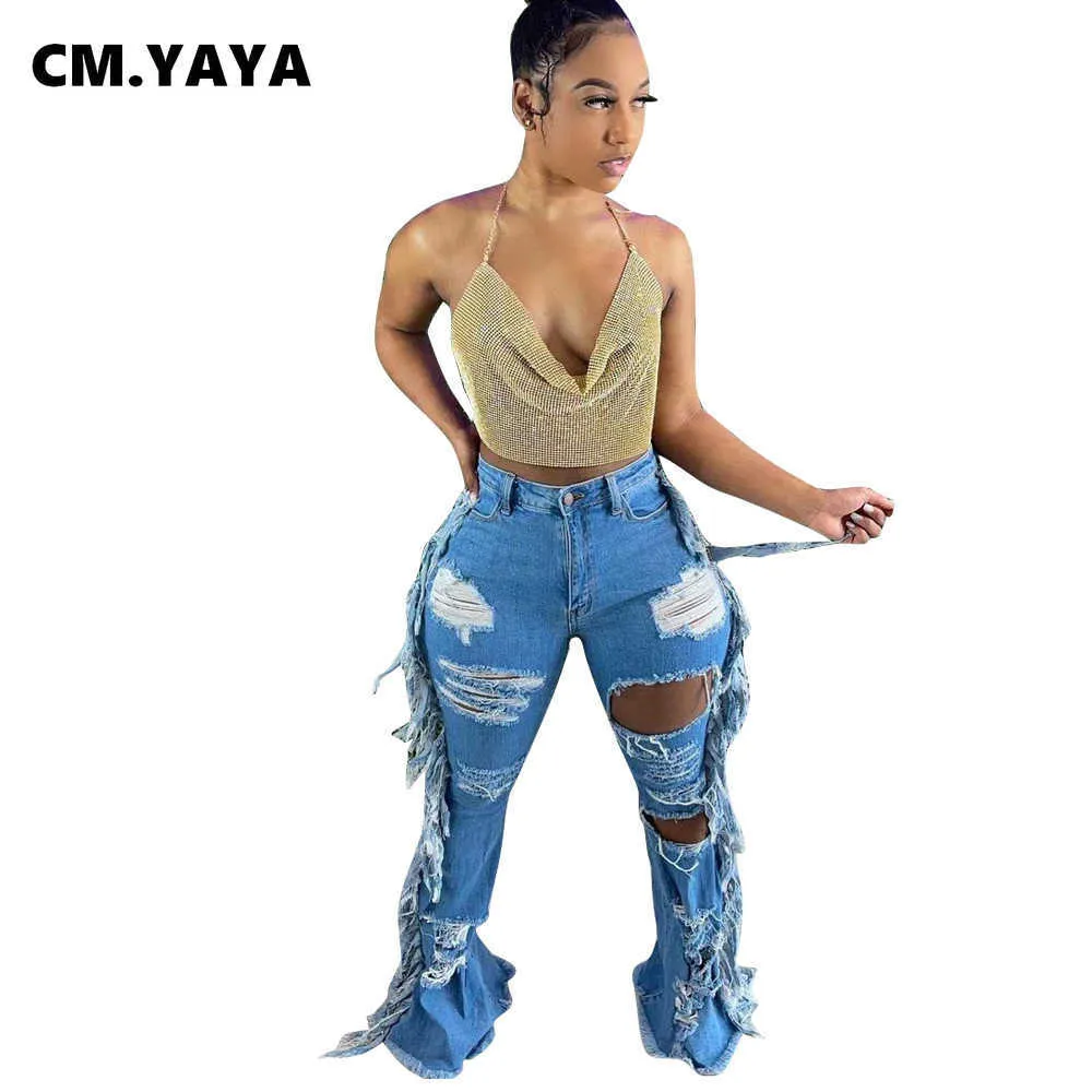 CM.YAYA Women Jeans Mid Waist Zipper Fly Ripped Full Length Flare Pants Female Fashion High Street Summer Trousers 210720