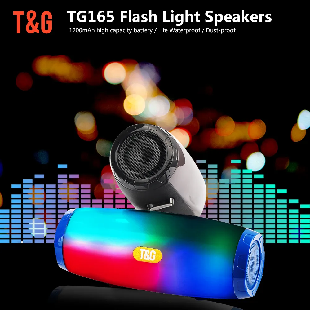 TG165C 스피커 휴대용 Bluetooth RGB 플래시 LED 라이트 라이트 스피커 스테레오 칼럼 서브 우퍼 무선 실외 사운드 바 FM 라디오 TF 카드 음악 플레이어