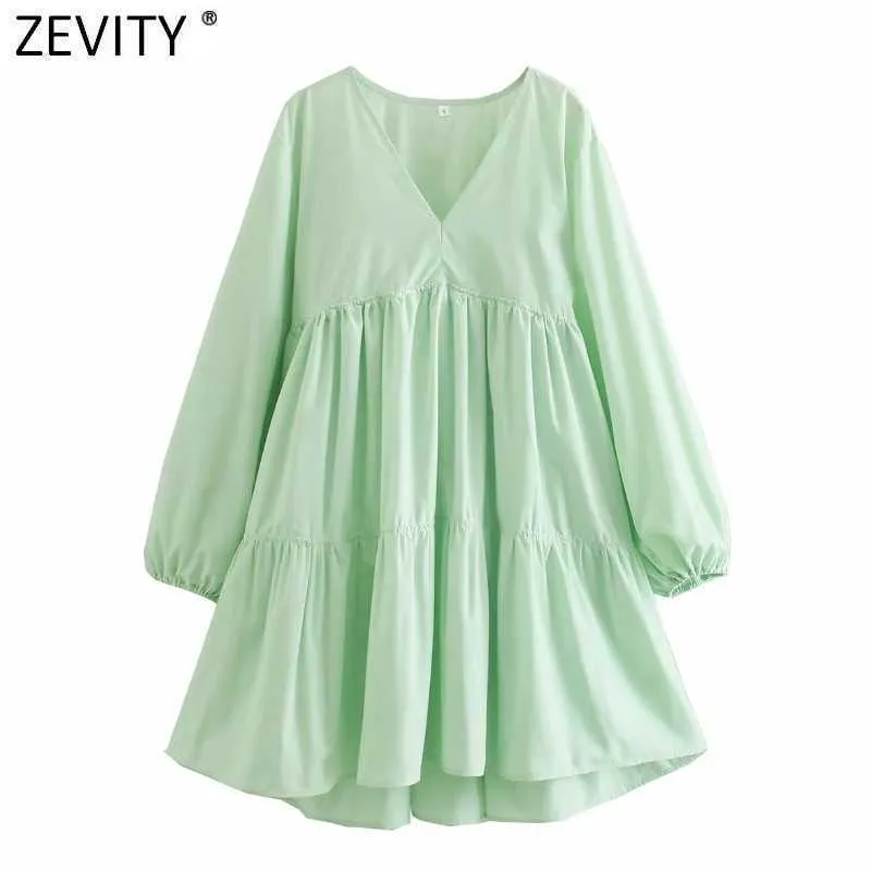 Zeefity vrouwen mode effen kleur v nek plooien poplin shirt jurk vrouwelijke chique zoom onregelmatige strandstijl zomer vestidos DS8142 210603