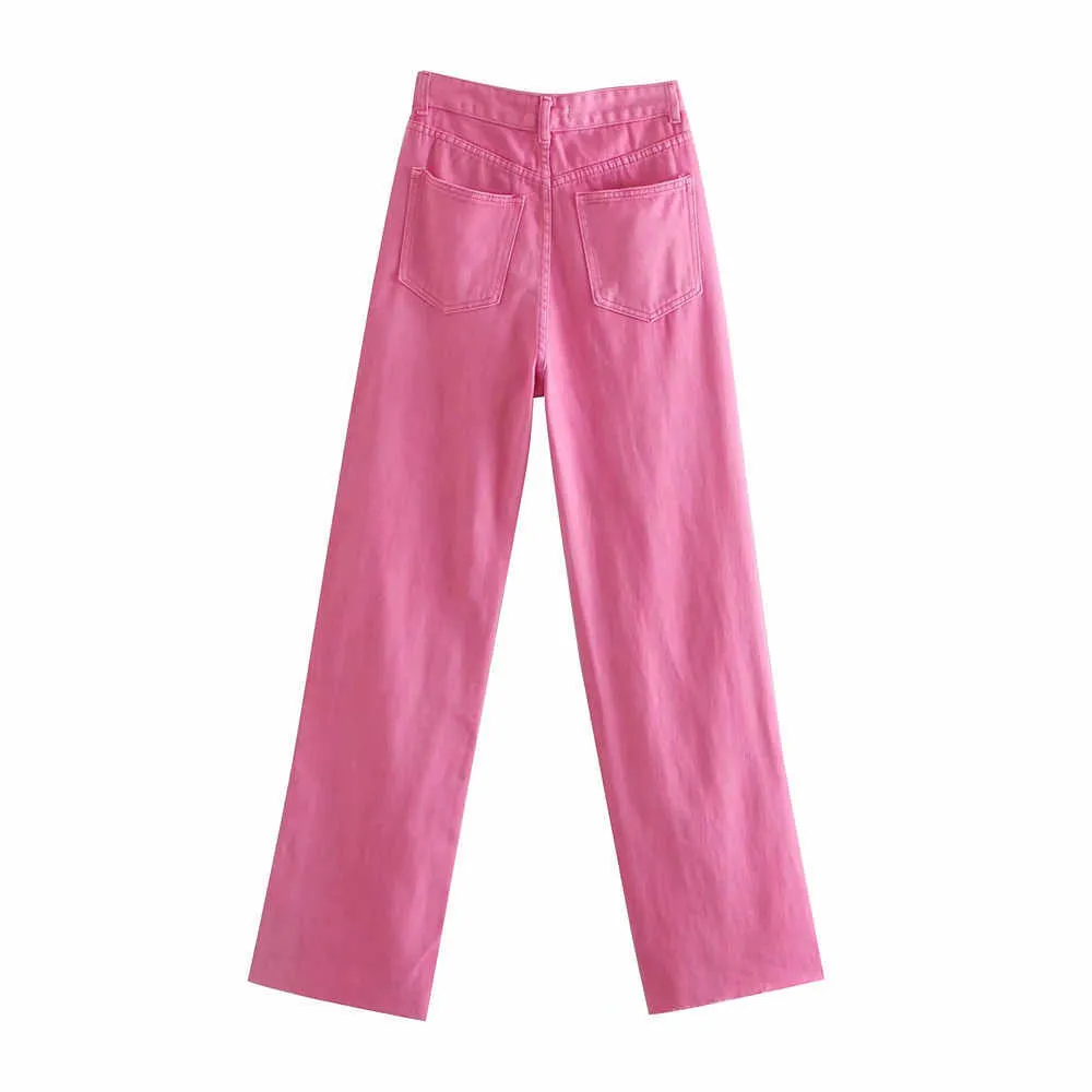 xnwmnz womeファッションワイドレッグピンクレッドジーンズ女性シックなハイウエストポケットボタンジッパーフルフルレングスズボン女性パンツ210708