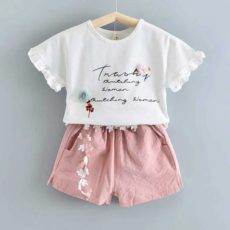 Bear líder crianças roupas meninas conjuntos de verão moda sem mangas flor impressão shorts calça com laço bonito para roupas menina 210708