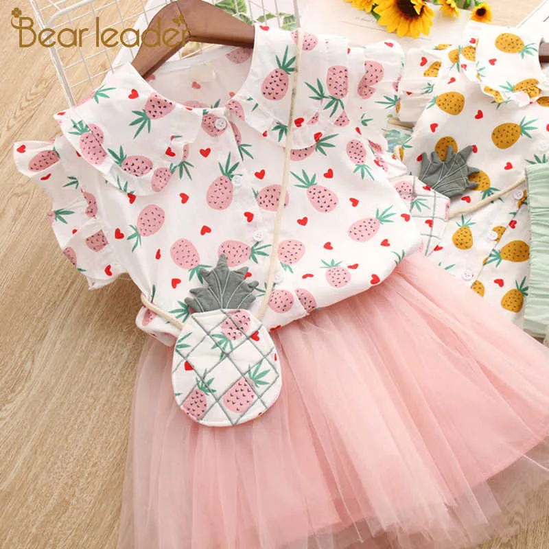 Bear Leader Girls Odzież Zestawy Lato Cute Princess Girl Shirt + Gaza Dress 2 Sztuk Ananas Girls Sukienka Set Dzieci Odzież 210708