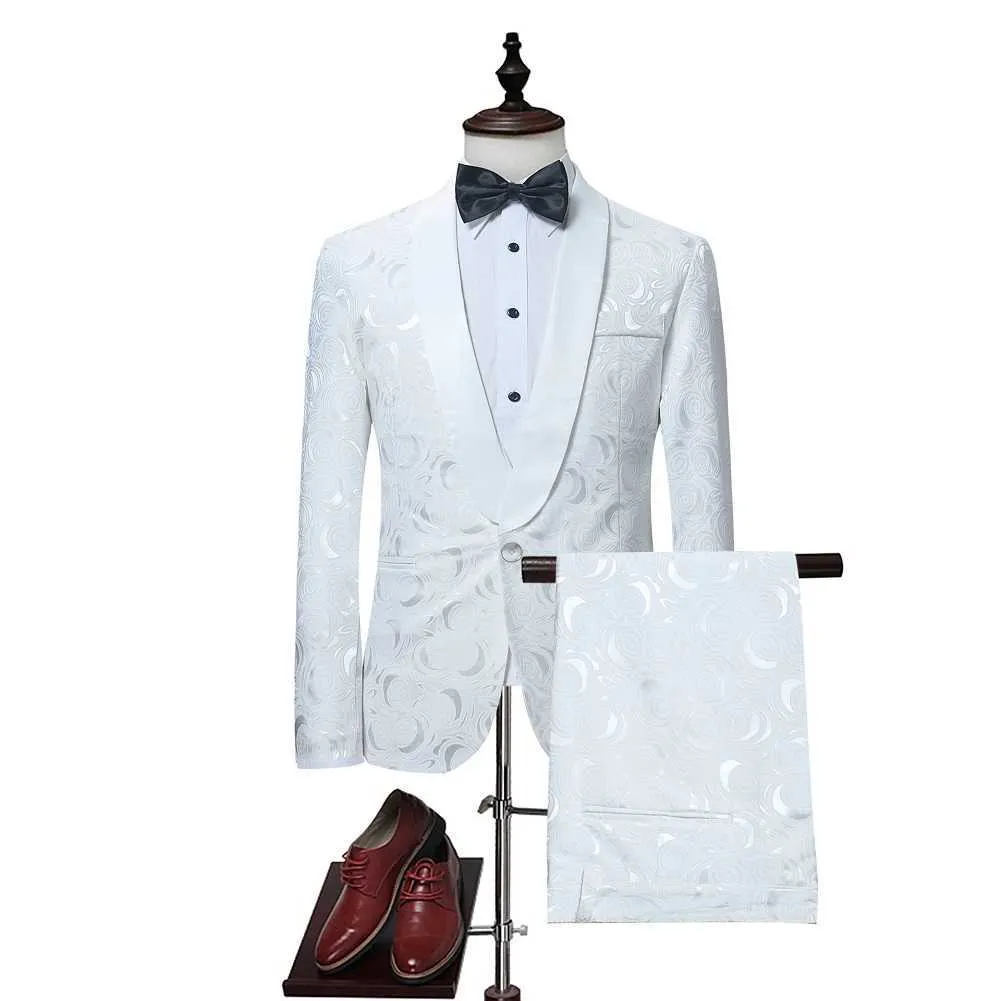ファッションメンズホワイトローズプリントプリントズボンウェディンググロール2ピーススーツ（ジャケット+パンツ）メンズステージPROM COSTUME HOMME TUXEDO SUT X0909