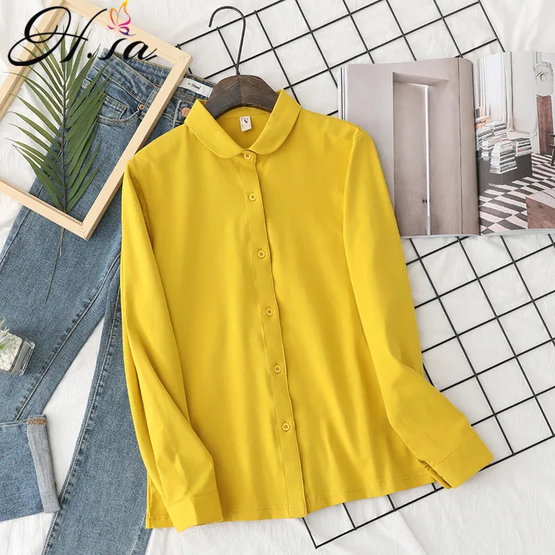 HSA Kobiety Bluzka i Cukierki Kolor Solid Yellow Blusa Skręć Kołnierz Bawełna Z Długim Rękawem Białe Koszule Spring Tops 210417