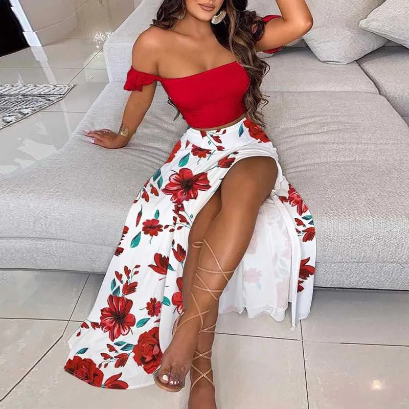 WAYOFLOVE Women Floral Print Long Dress Sets Sexy Off Shoulder Tops And Split Skirt Suit Elegant Party Summer Two Piece Set 210602