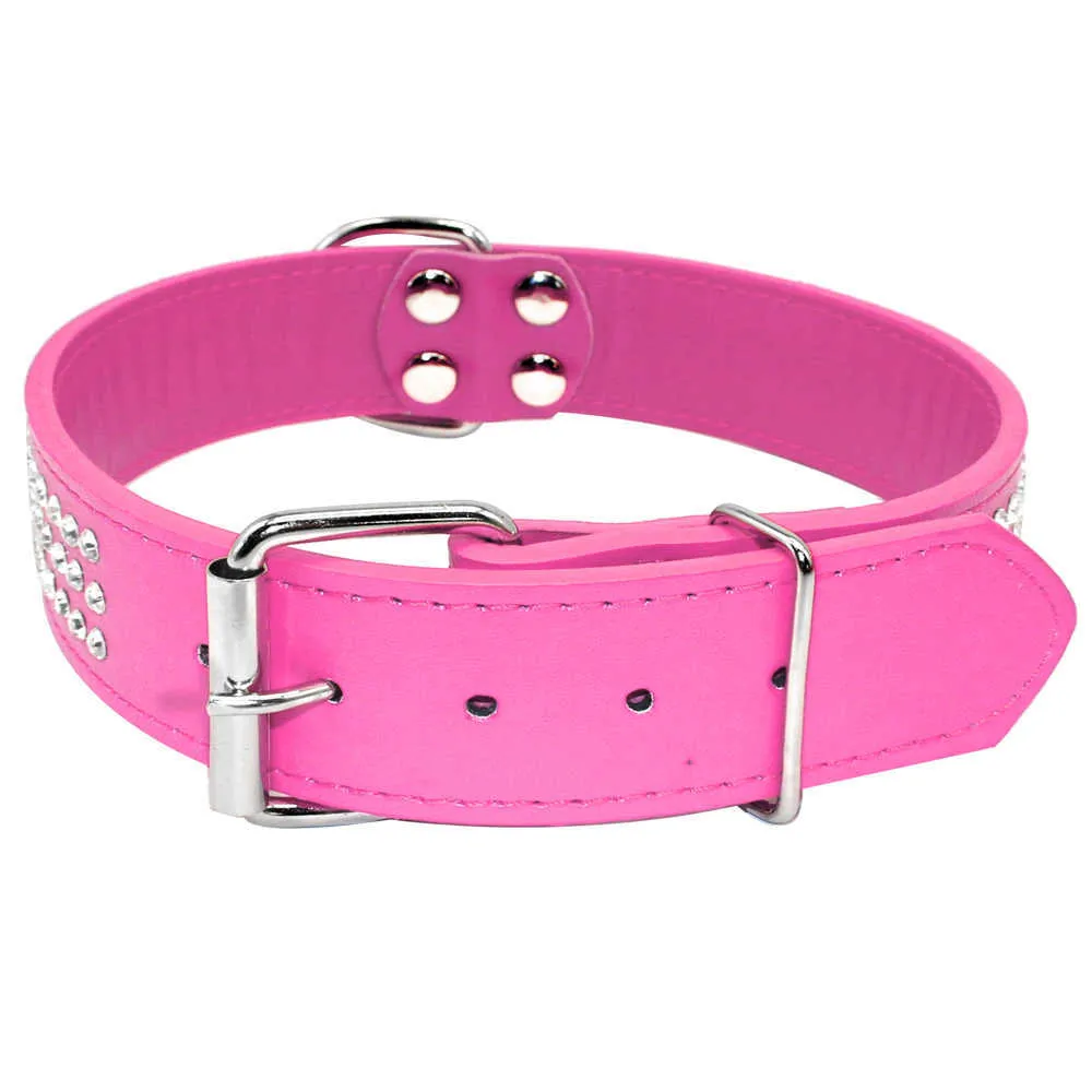 Luxury Bling Leather Dog Collars Crystal Diamante Collar Adjustable Pink For Medium Large Dogs Pet Product For Animal 210729
