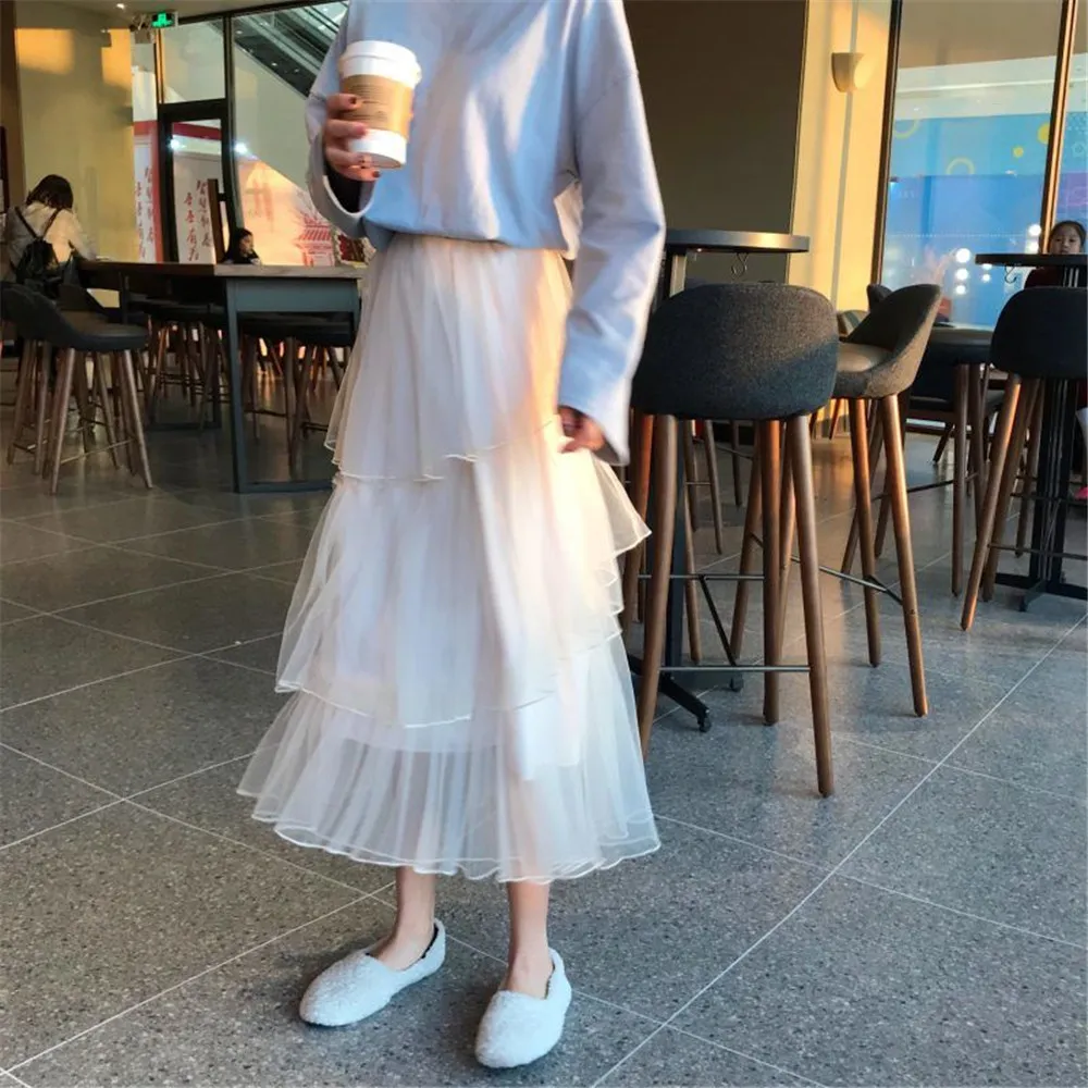 Blanc Vintage Tulle Jupe Femme Élastique Taille Haute Longue Plissée Coréenne Été Dentelle Maille Midi Saia Streetwear Étudiant 210421