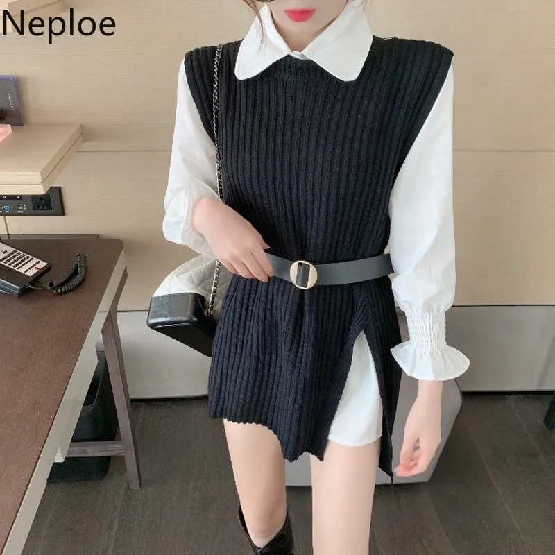 Neploe Zweiteilige Outfits für Frauen Herbst Kleidung Gestrickte Pullover Weste Rüschen Hemd Tops Koreanische Chic Anzug Weibliche 2 Stück set 210422