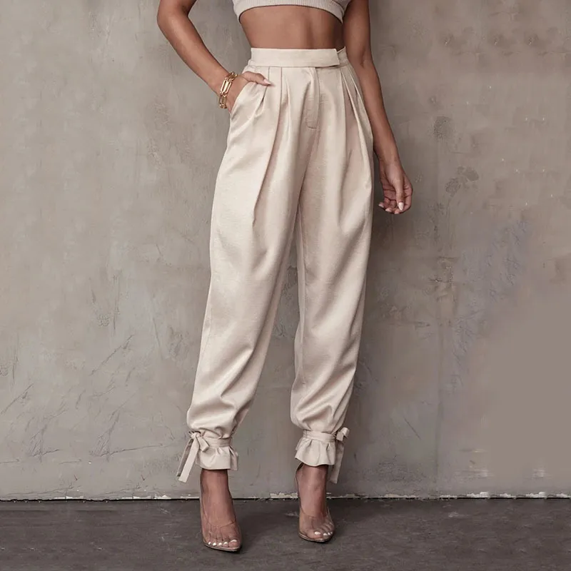 Spring Autumn European And American White Women's Ins Trousers Loose High Waist Tie Feet Casual Harem Pants 210514