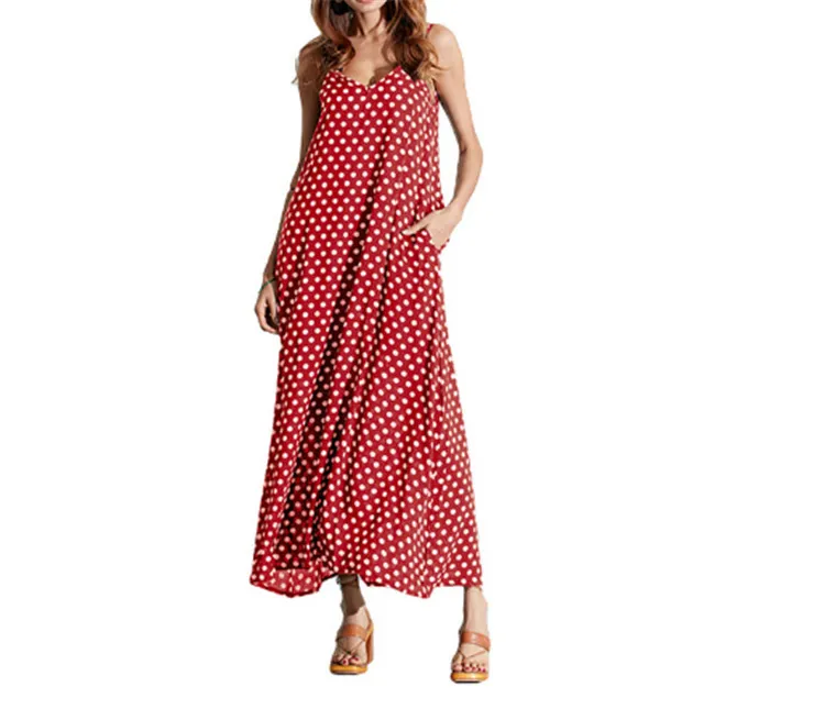 Femmes robe col en v sans manches Spaghetti sangle robes blanc rose rouge noir grande taille Dot vêtements d'été 210513