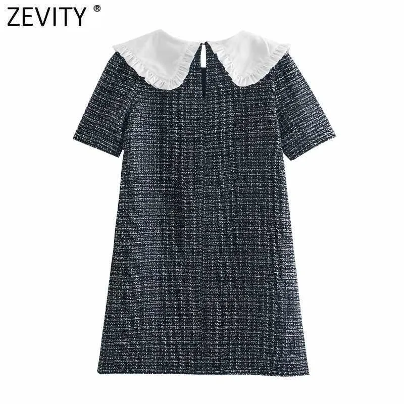 Zevity Womenビンテージアガリックレースピーターパン襟パッチワーク千鳥格子スリムミニドレス女性シックカジュアルキモノvestido DS8111 210603