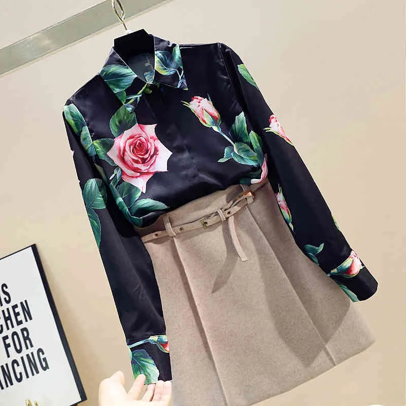 Spring Autumn Womens Longsleeved Shirt Rose Flower Shirt Fashion Allmatch Printed Tops Blouse Women GD587 210401