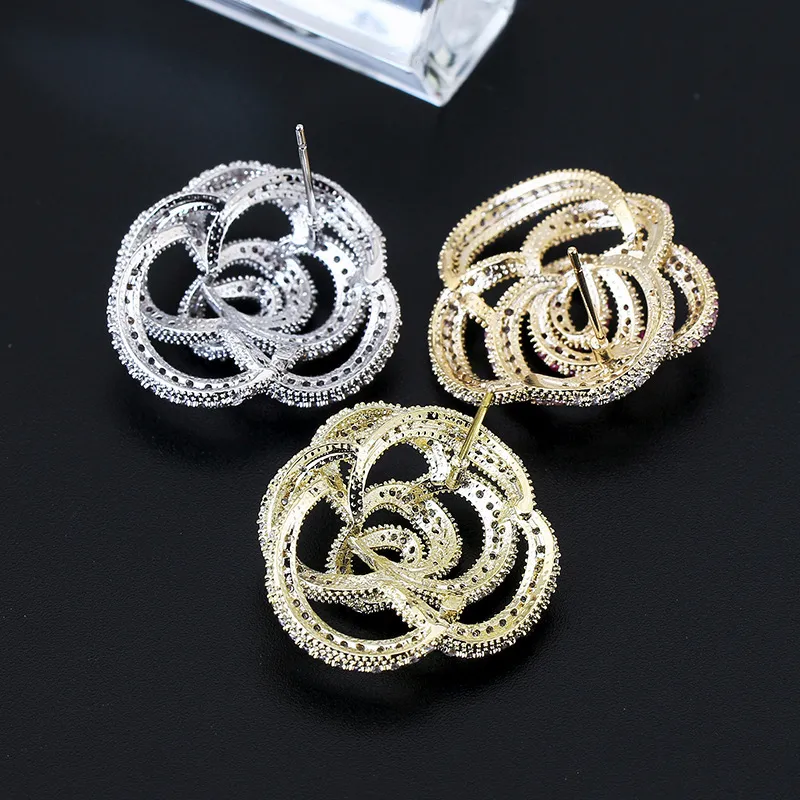 luxury brand korean fashion summer accessories camellia with full zircon flower stud earring women for gifts