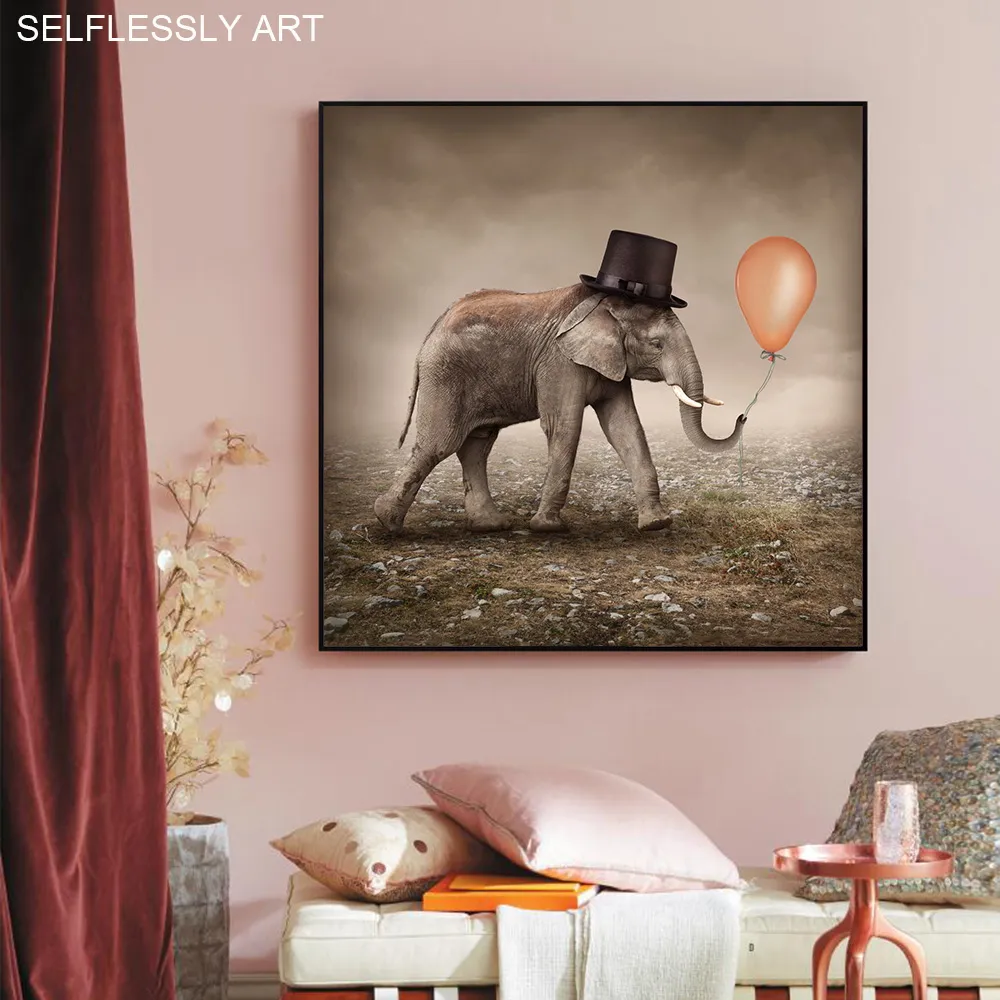 Éléphant avec chapeau ballon toile peinture mur photos pour salon Animal Art affiche et impression Vintage photos décor à la maison
