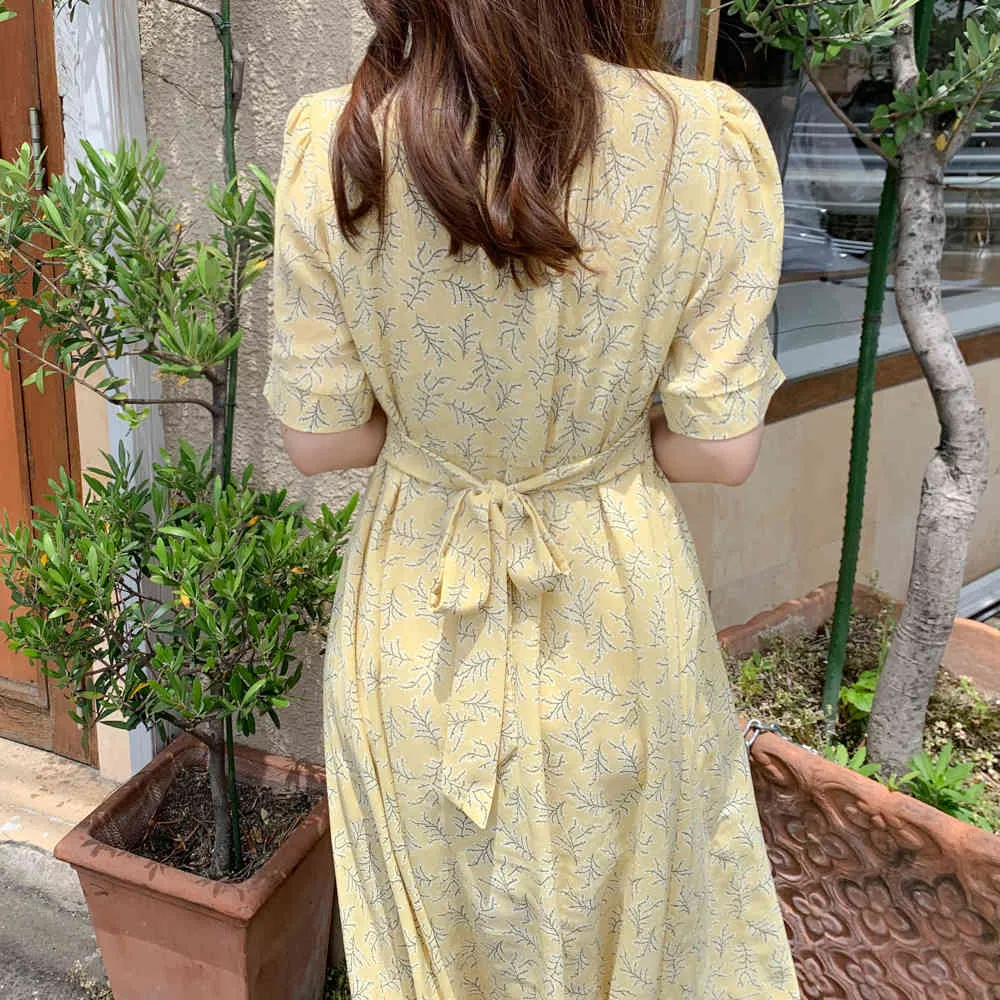 Plus size Summer Girls Boho Party Chiffon Female Vintage Dress yellow Print Short Sleeve Women Dresses Robe Vestido 210417