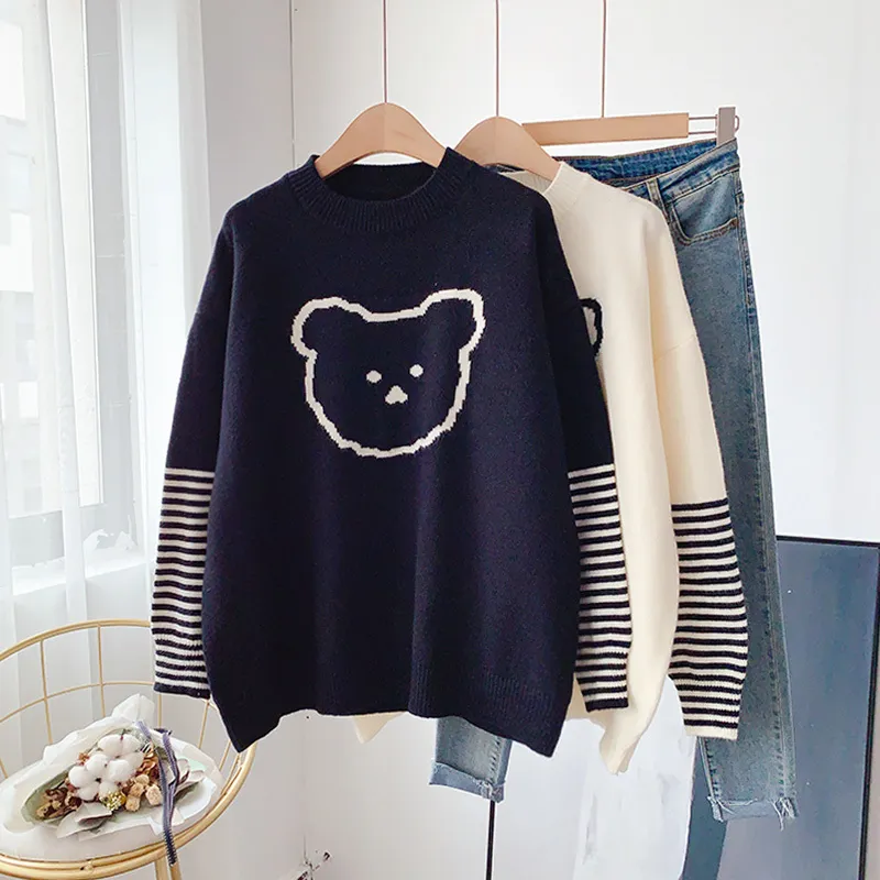 H.SA Korean Sweater and Pullovers Women Winter Clothes Knitted Jumpers Striped Sleeve Patchwork Bear Sweaters Loose Tops Pull 210417