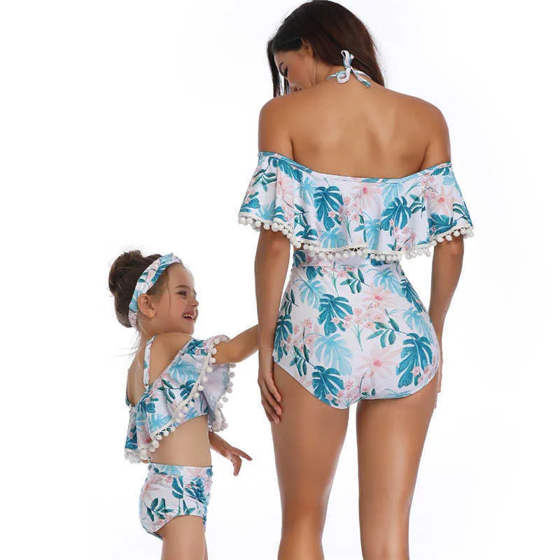Maman et fille correspondant maillots de bain mode bébé filles feuilles maillot de bain tenue pom sexy maman moi vêtements 210529