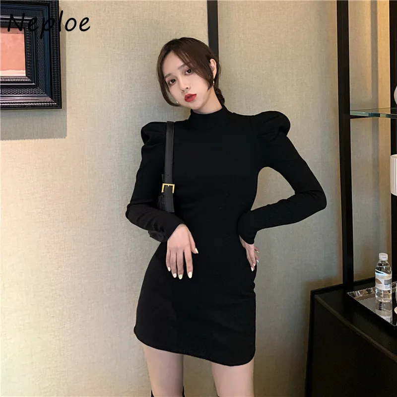 High Neck Pullover Long Sleeve Knit Sweater Dress Women Waist Hip Bodycon Vestidos Winter Robe Sueter 210422