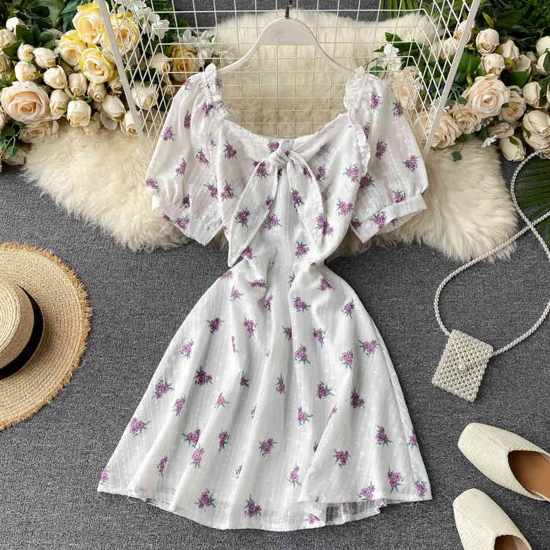 Lato Słodkie kobiety V-Neck Bow Floral Print Sukienka Causal Damska Linia Mini Plaża Nadmorski na wakacje 210423