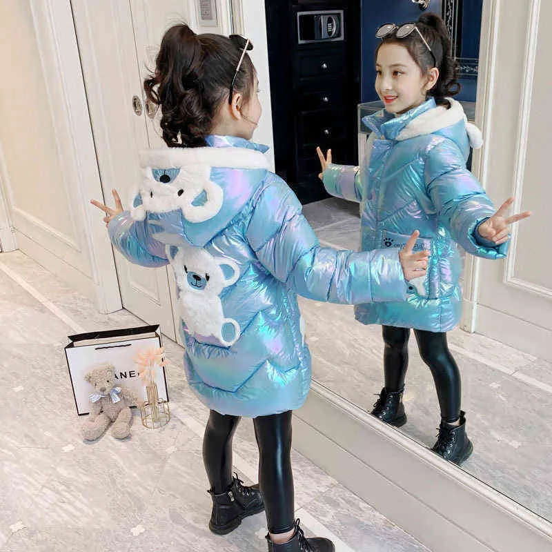 2 4 6 8 anos meninas Longo inverno para baixo jaqueta cute bear casacos para parkas moda brilhante crianças com capuz impermeável outerwear 211203