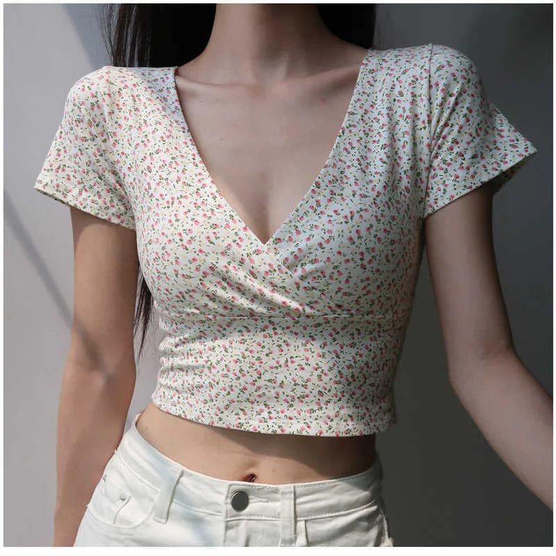 2021, Tops florales Vintage para mujer, camisetas con escote en V profundo, diseño corto por encima del vientre, camisetas ajustadas, ropa de verano para mujer X0628