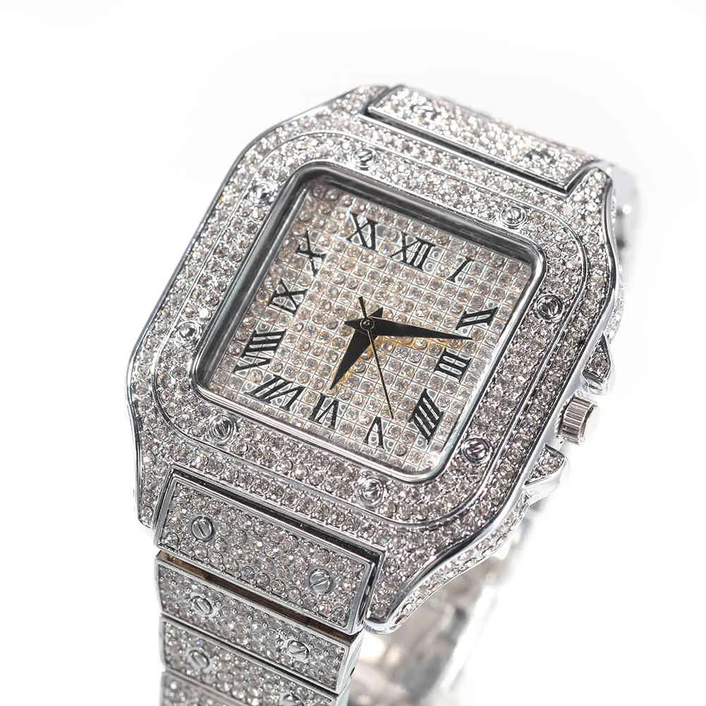 Hip Hop römische Skala Quarzuhr Mode voller Diamant quadratisches Zifferblatt Herrenuhr Mode Gold Uhren Schmuck287q