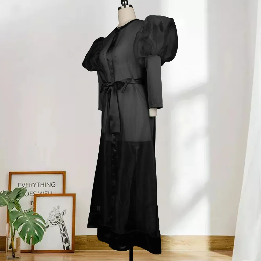 Women See Through Shirt Dress Sexy Transparent Plus Size Maxi Cover Up Lantern Sleeves Cardigan with Belt Fashion Spring 210416